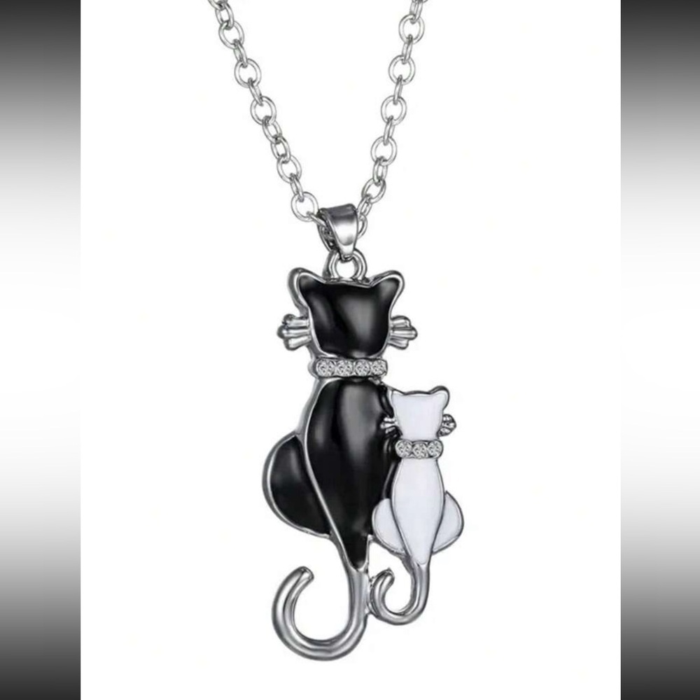 Black and White Cat Necklace, White and Black Cat Necklace, Cat Pendant Necklace - Picture 3 of 4
